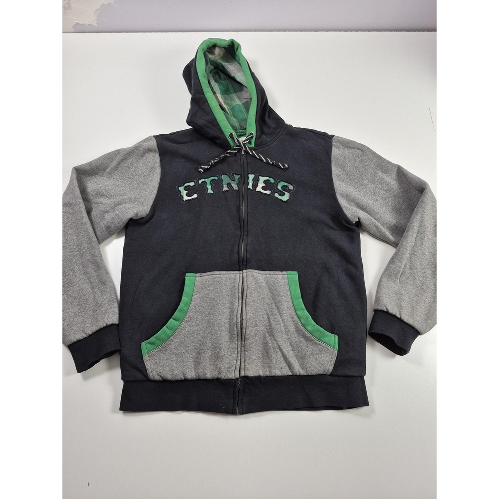 Y2K Etnies Hoodie Mens Medium  Black Gray Camo Logo Full Zip Lined Skater